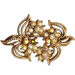 Gold Tone‎ Brooch AB Rhinestone Vintage 1970s Pin Flower Abstract Leaves